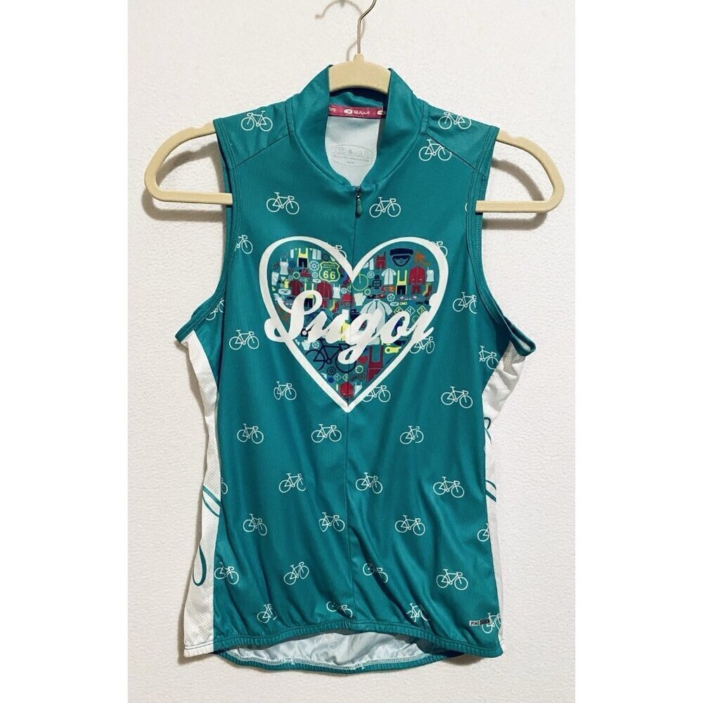 Sugoi Bicycle Top Womens Medium Green I Heart Bikes S/L Jersey Cycling Rider